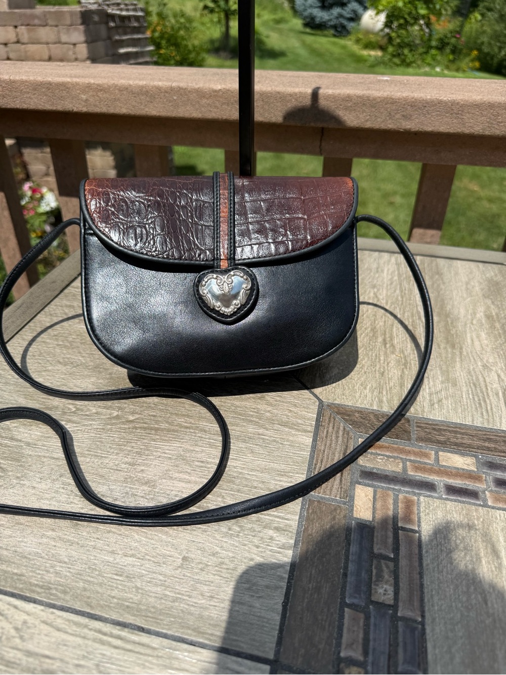 Brighton Black Crossbody with Brown Croc-Texture Flap and Heart Medallion
